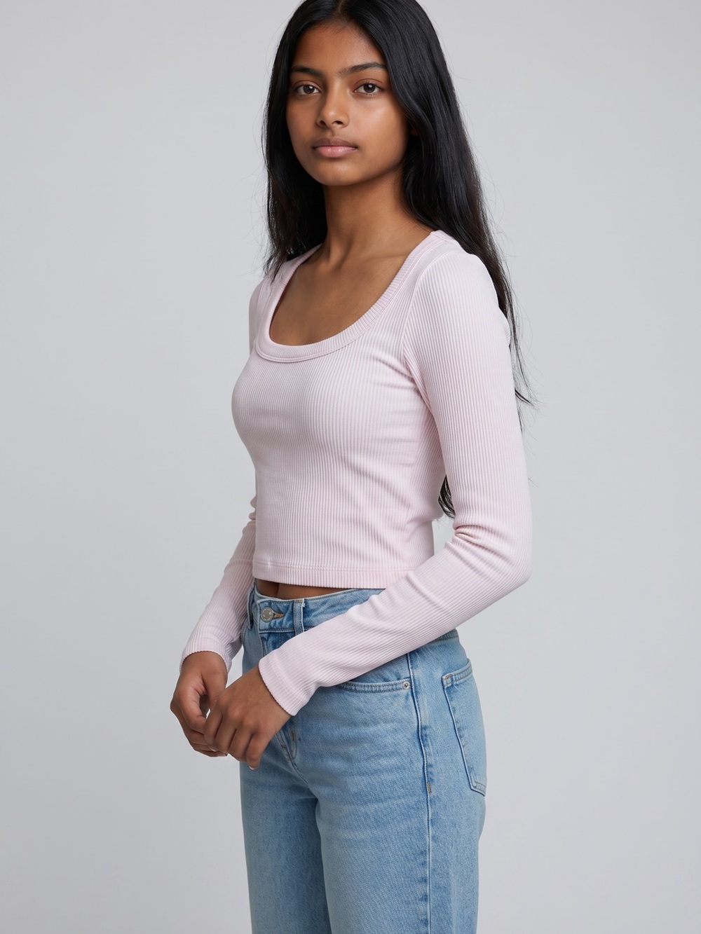 Ribbed Long-Sleeve Scoop Neck Top - Light Pink